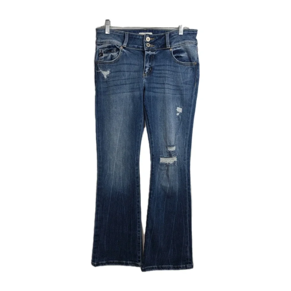 KanCan Flare Leg Jeans Women's 7/27 Blue‎ Distressed Cut #47067